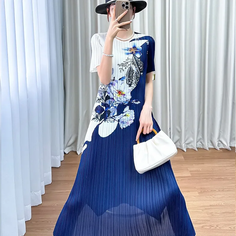 Miyake Pleated Dress Women's 2024 Summer Color Blocked Korean Style Round Neck Short Sleeve Printed Elegant Midi Dress