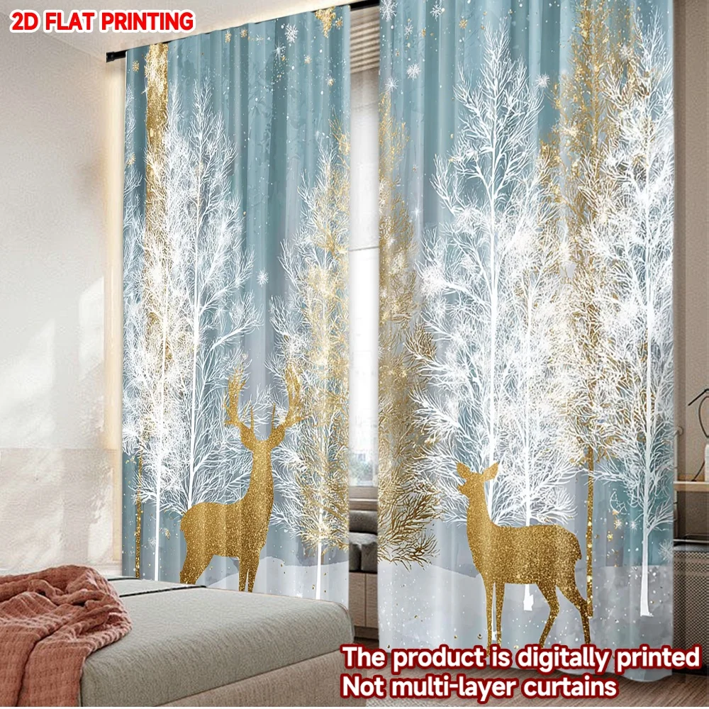 2D الطباعة المسطحة 2 قطعة ستائر الحفلات الثلج الذهب والأبيض الصنوبر الغزلان عيد الميلاد الرقمية المطبوعة البوليستر الستائر كل موسم #1