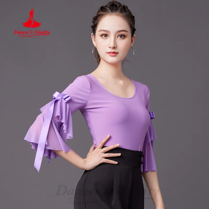 Modern Dancing Practice Costume Women's Customized Comfortable and Breathable Horn Sleeves Top Latin Dance Training Clothing