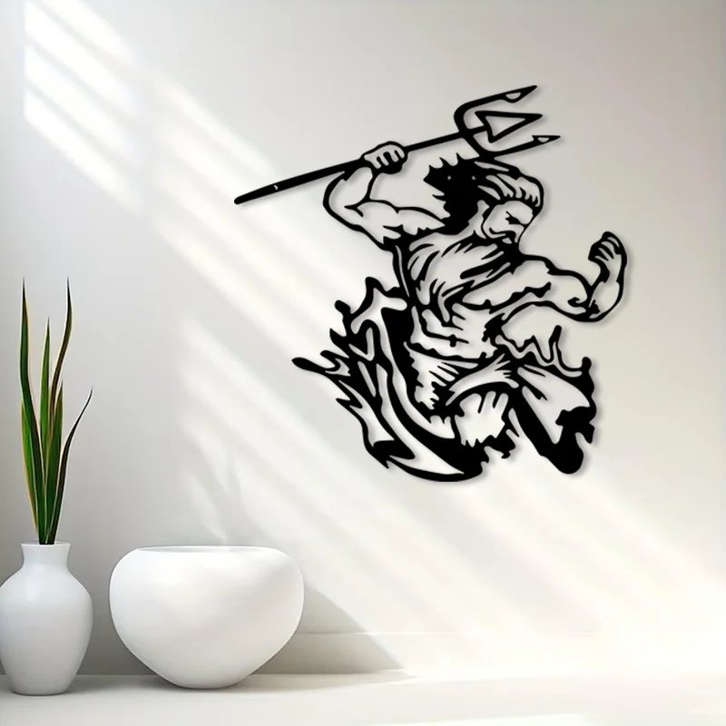 Iron Poseidon Wall Art, Black Greek Sea God Mural Decor for Study, Rustic Powder Coated Hanging, Mythology Home Gift