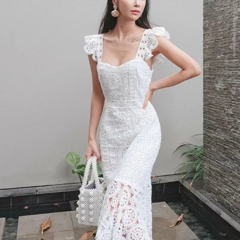 White Elegant Women Dress Summer Vacation Slash Neck Flora Embroidery Womens Clothing Runway Design Bodycon