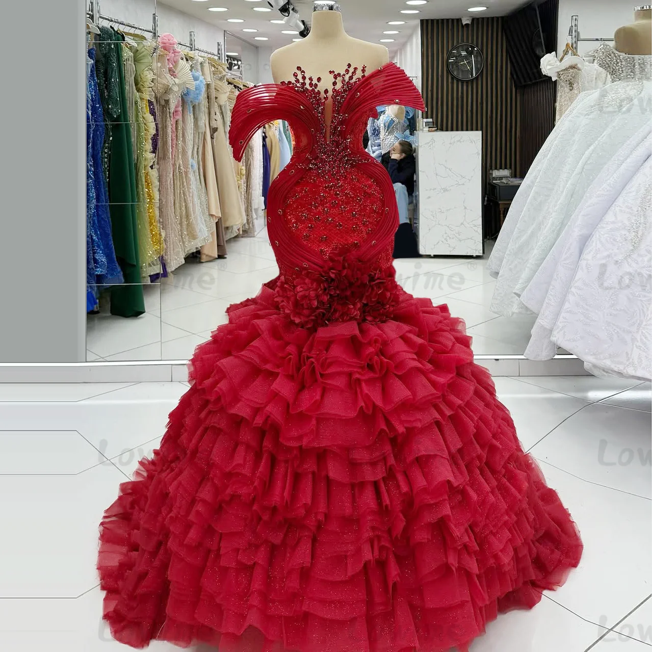 

Красные платья для выпускного вечера с открытыми плечами, плиссированное многослойное вечернее платье с бисером, вечерние платья русалки для особых случаев на свадьбу по индивидуальному заказу