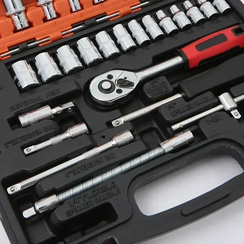 46-Piece Multifunctional Tool Box Set with Quick Ratchet Wrench Screwdriver and Storage Box for Car Bike Motorcycle Repair