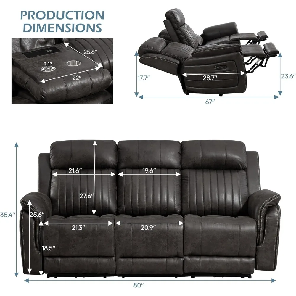 Reclining Sofas Power Reclining Sofa with Adjustable Headrest Recliner Couch with Wireless Charge