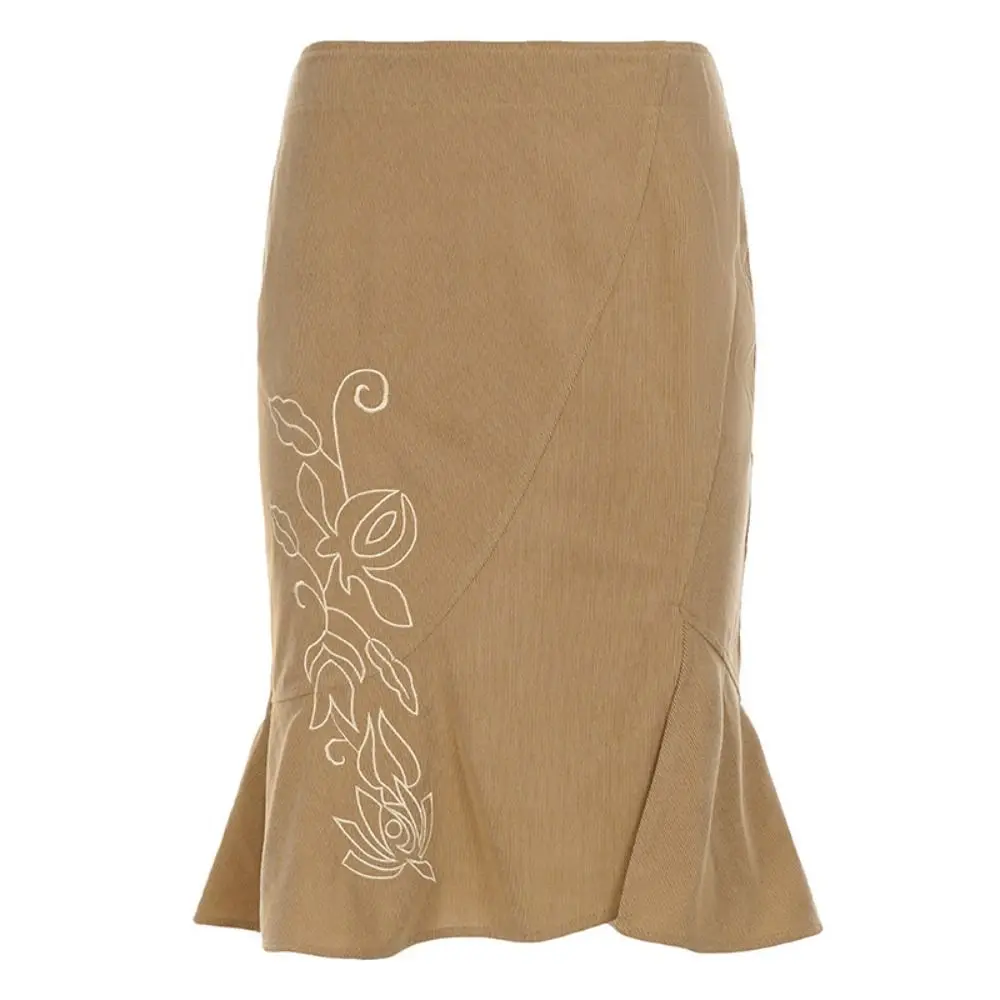 

Vintage Embroidery Long Skirt Side Split High Waist Midi Skirt Ruffle Design Slim Fit Fishtail Skirt Women