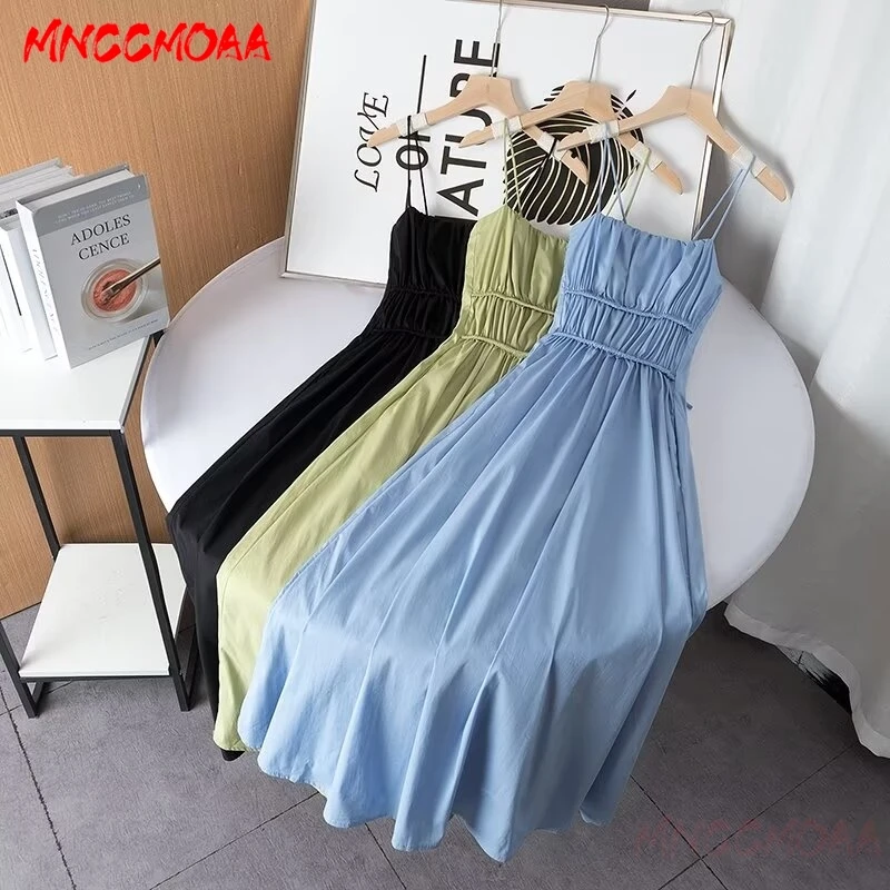 

MNCCMOAA 2024 Summer Woman Fashion Suspenders Midi Dress Female Solid Color Casual Sleeveless Elegance Pullover Dresses