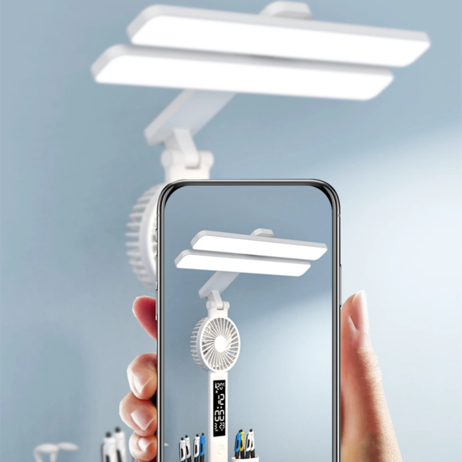 New Adjustable Modern Design Rechargeable LED Table Lamp with Fan for Home or Office Use - Study Desk Lamp Reading Light with LE