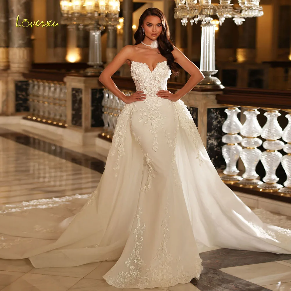 

Loverxu Mermaid Sexy Wedding Dresses Strapless Vestido De Novia Lace Embroidery Detachable Train Custom Made Bridal Gowns