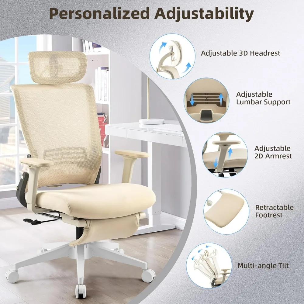 Foldable Office Chair with Foot Rest, Ergonomic Office Chair with Adjustable Lumbar Support, Headrest, Armrest, Home Office Desk