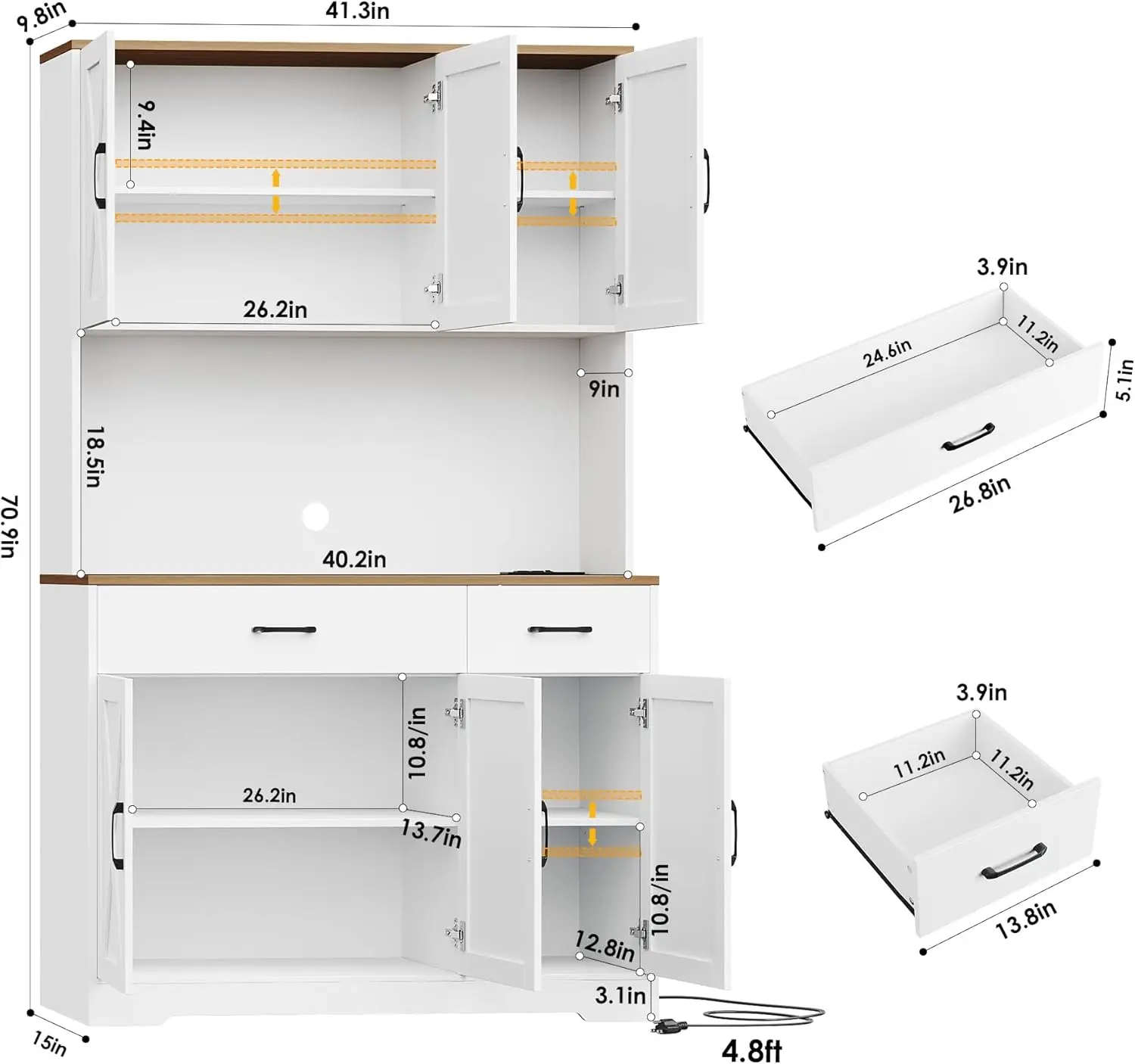 Hostack 71 "" Pantry Kast Met Laadstation, Hoge Keuken Pantry Opbergkast Met Magnetron Standaard, Boerderij Keuken