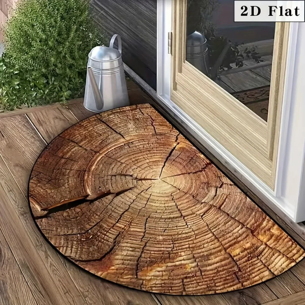 VIKAMA Vintage Wood Grain Semi-Circle Welcome Door Mat Non-Slip Wear-Resistant Entrance Porch Mat Patio Carpet Home Decoration