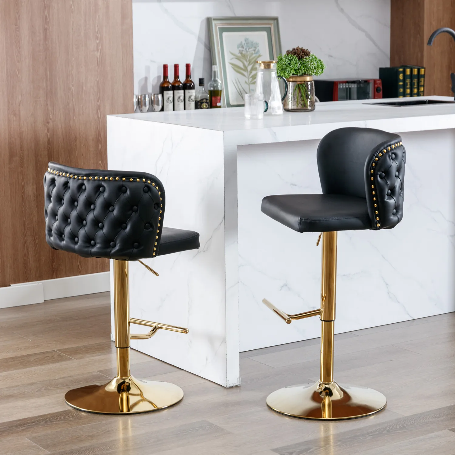 

A&A Furniture Swivel Barstools Set of 2 Black Modern PU Upholstered Adjustable Seat Height Back Tufted for Home Pub Kitchen Isla