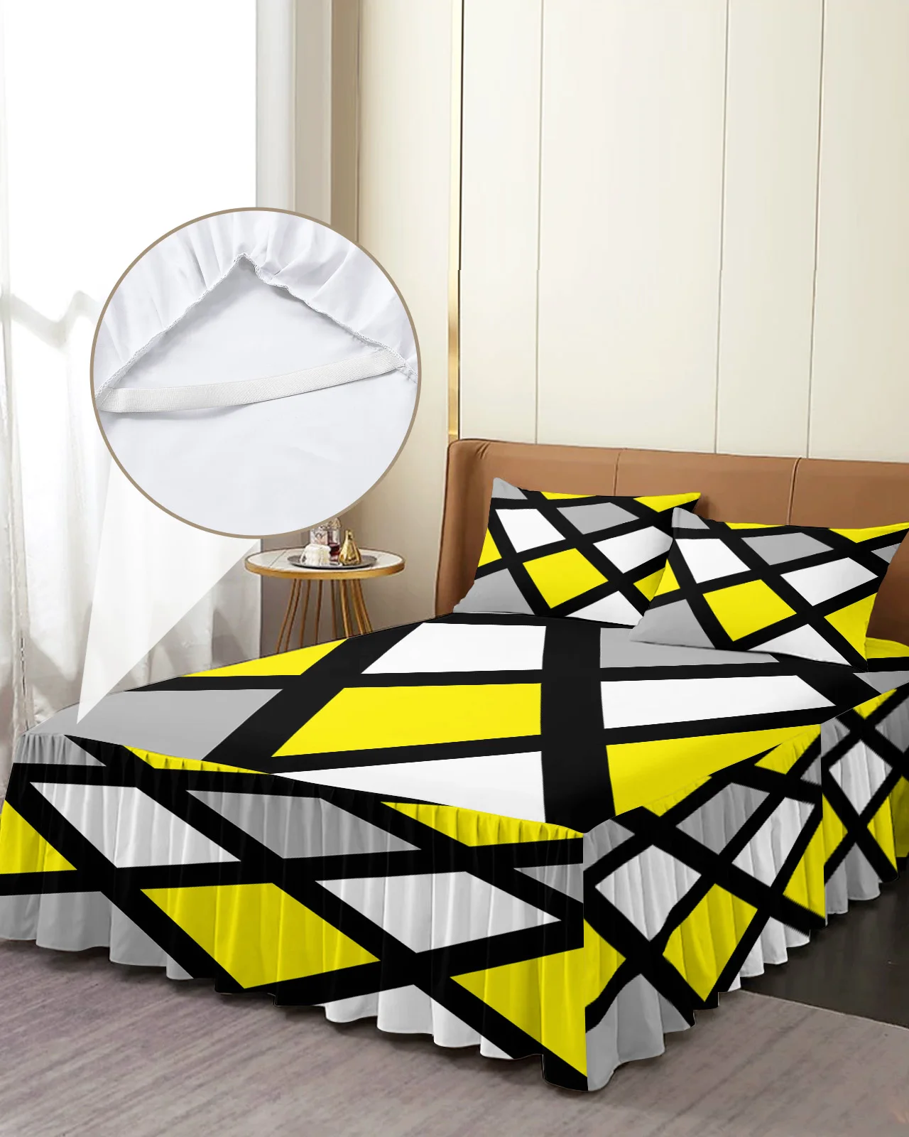 Yellow Black Grey Geometric Square Bed Skirt Elastic Fitted Bedspread With Pillowcases Mattress Cover Bedding Set Bed Sheet