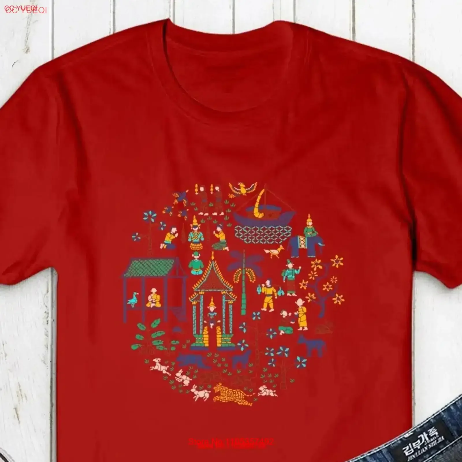 Colorful Mosaic T shirt Daily Life Illustration Asia Laos Luang Prabang Travel Laotian Temple Buddhist Art vintage Washed