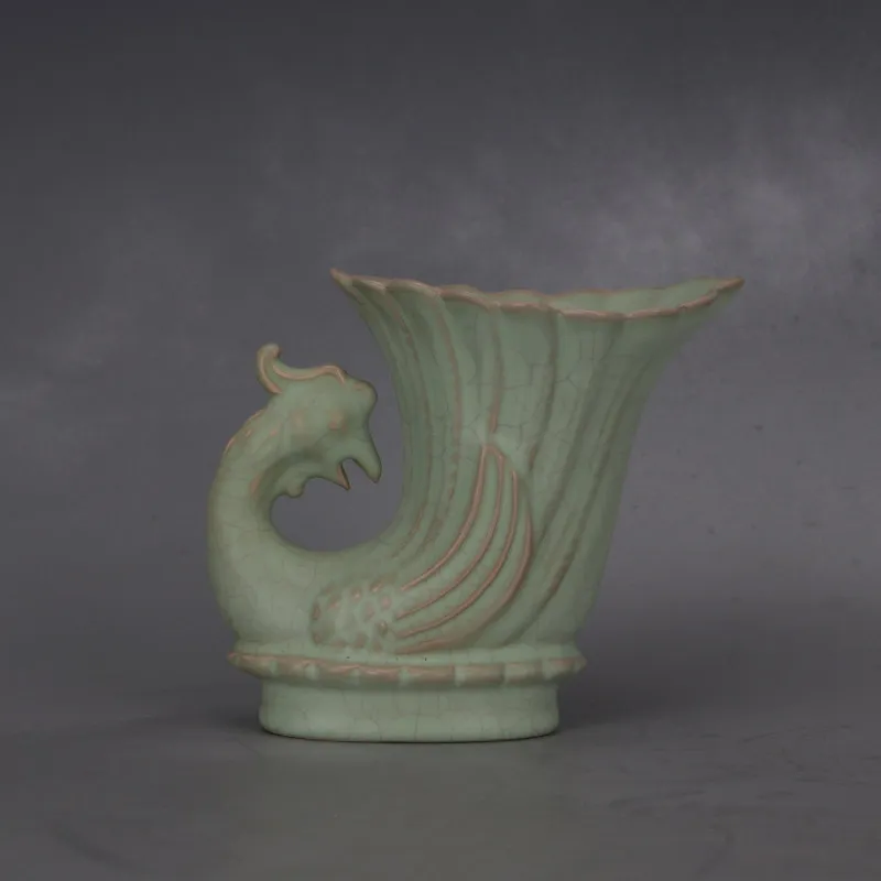 Song Dynasty Style Ru Ware Powder Blue Glaze Crackle Phoenix Cup Antique Replica Porcelain Collection