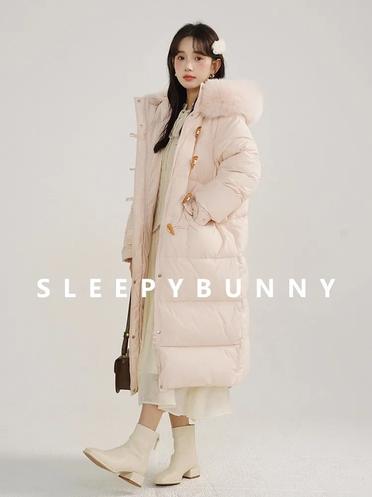 

Warm Duck Down Long Parka Women 90% White Down Hooded Winter Coat Thick Fleece-Lined Outerwear with Toggle Closure Fur Collar