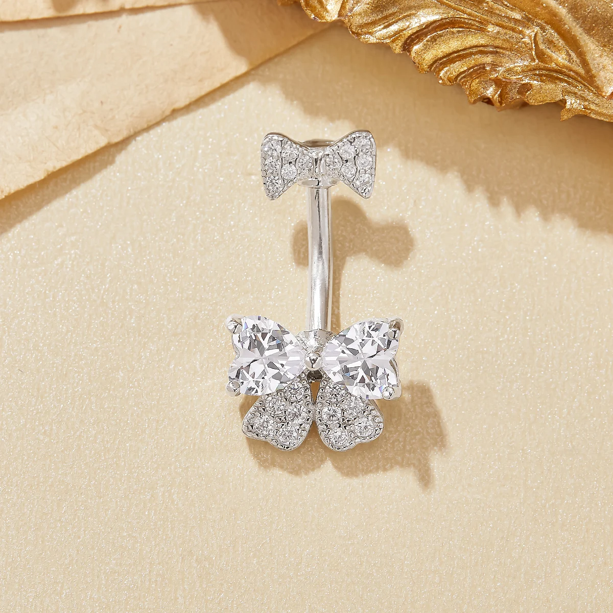 

Two Hearts Bowknot CZ Stone Belly Button Ring Belly Piercing Navel Bar Curved Barbell Solid 925 Sterling Silver 6770007