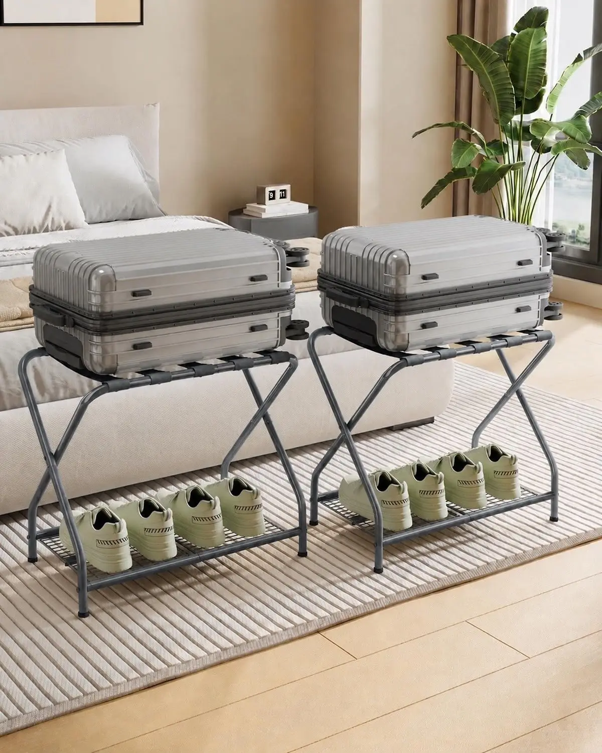 

Set of 2 Foldable Luggage Rack Stands with Storage Shelves, Heavy Duty Metal Suitcase Holders, 150 lbs Top 50 lbs Bottom Each