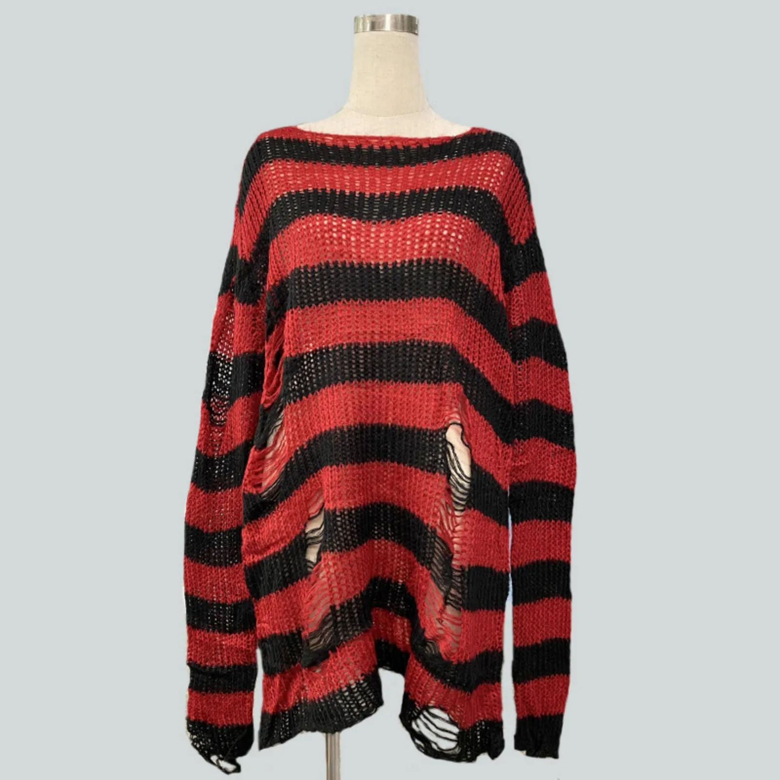 New Purple Striped Gothic Sweaters Women Ripped Holes Loose Knitted Pullover Frayed Fairy Grunge Jumpers Streetwear Lolita