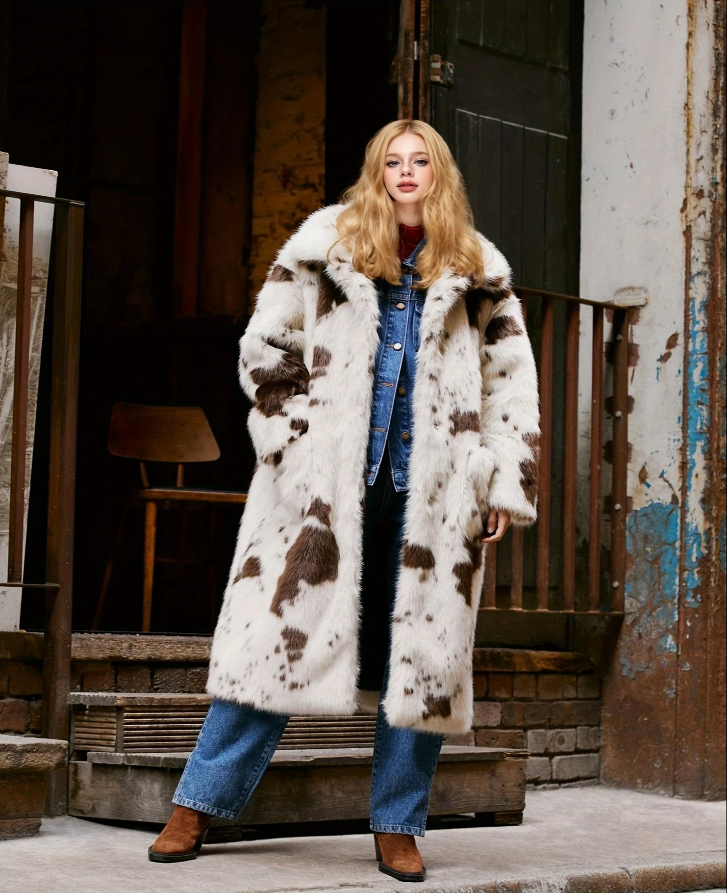 

FHILLINUO Solid Color Loose Fur Long Coat Autumn And Winter New Item Lapel Cow Print Plus Size Warm Coat For Women