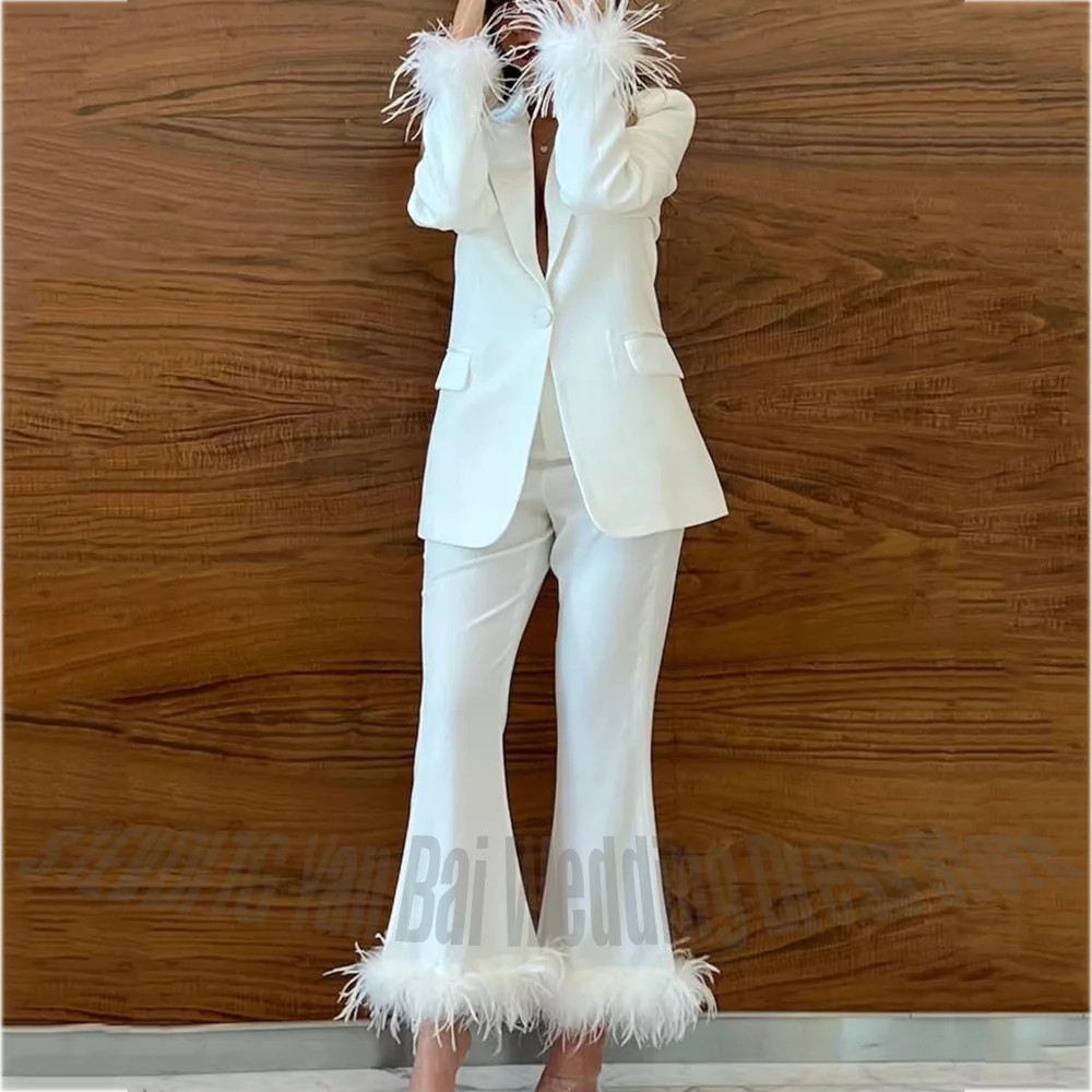 

Изысканный женский костюм из перьев, индивидуальный пошив, хит продаж, шикарный однобортный однотонный комплект из двух предметов, элегантный костюм для вечеринок