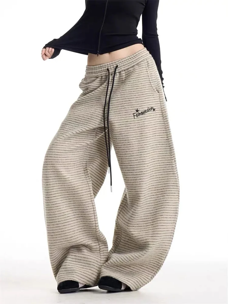 

Streetwear Striped Sports Pants Women Autumn Winter Vintage Wide Leg Trouser Harajuku Loose Casual Lazy Wind Straight Sweatpants