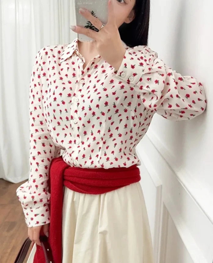 

New Women's Floral Print Long Sleeve Shirt Cinched Waist Retro Fresh Ladies Breathable Blouse Slimming Top