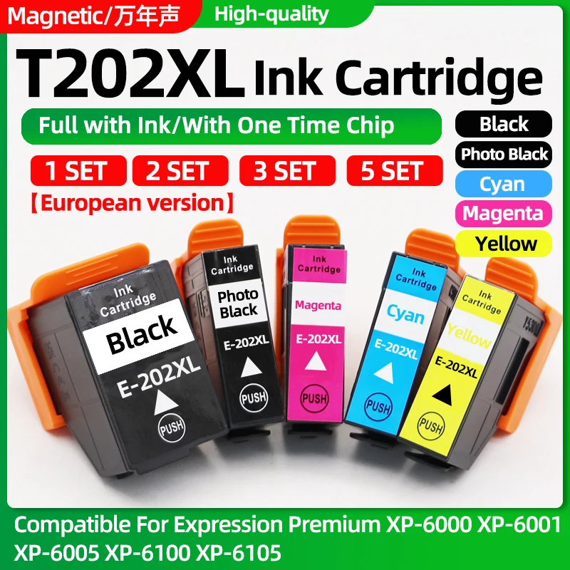 5Color/1~5set 202XL T202XL Ink Cartridge Compatible for Epson Expression Premium XP-6000 XP-6001 XP-6005 XP-6100 XP-6105 Printer