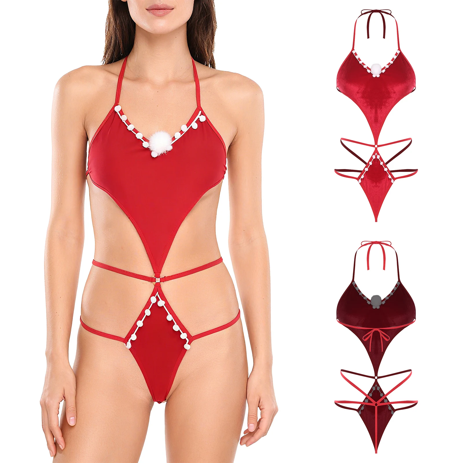 النساء عيد الميلاد المخملية الملابس الداخلية الدمى زي الدانتيل متابعة ارتداءها أو مجموعة البكيني Pompom ديكور ملابس نوم لعيد الميلاد عشية زوجين ألعاب