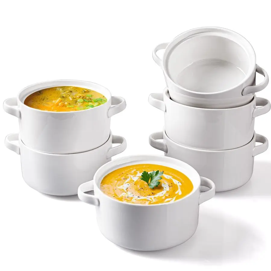 

6 Pack Soup Bowls with Handles, 24 Oz Large Serving Soup Bowl Set, Ceramic Soup Crocks for French Onion Soup, Cereal, Chilli, St