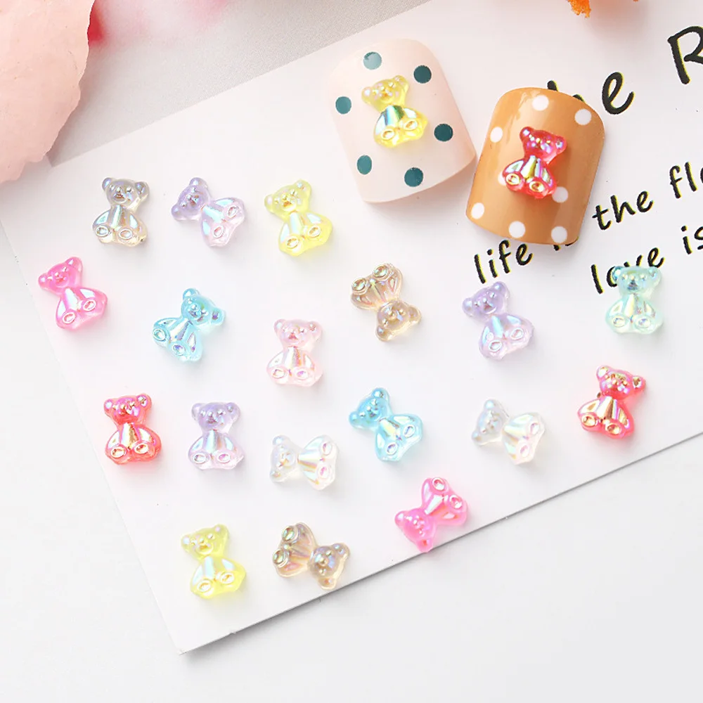 50pcs Aurora Bear Transparent Nail Art Charm 3D Mini Candy Fruit Juice Color Bear Nail Decor Parts DIY Kawaii Nail Accessories