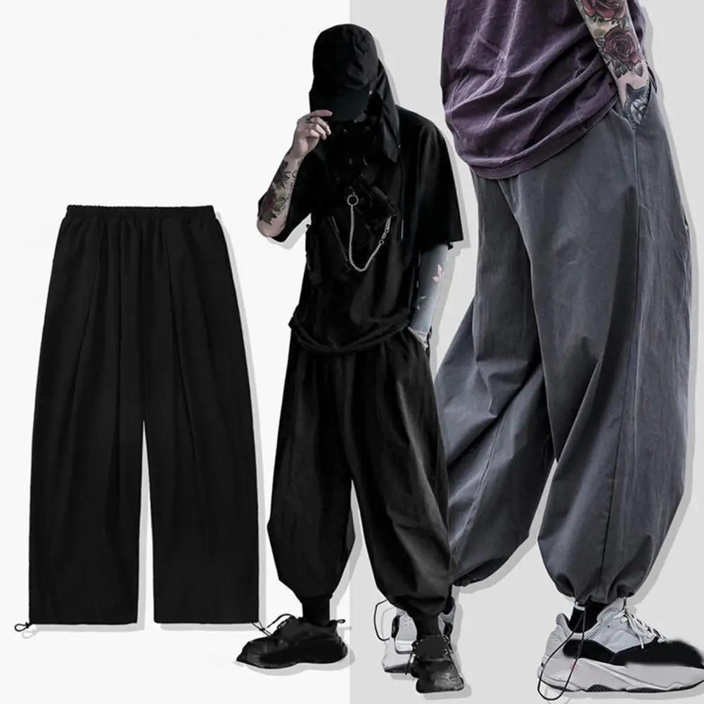 

Solid Color Harem Pants Japanese Style Men's Bloomers with Deep Crotch Drawstring Waist Soft Breathable Harem Pants for Hip Hop