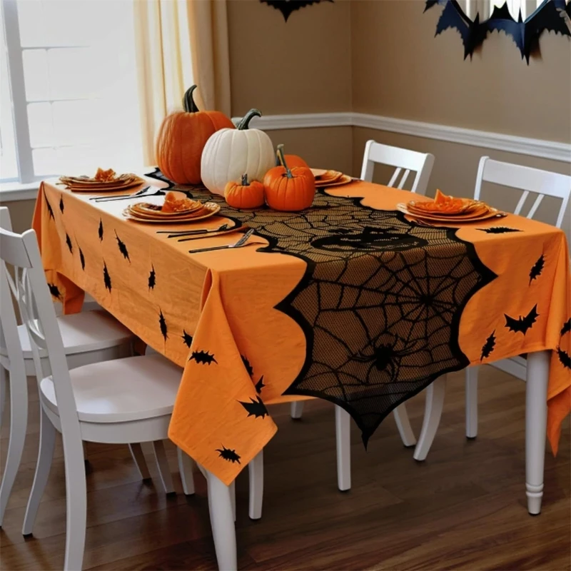 

Spooky Tablecloth Pumpkins Party Table Decoration Rectangular Table Cover Lace Cobweb Pattern for Indoor Festivities