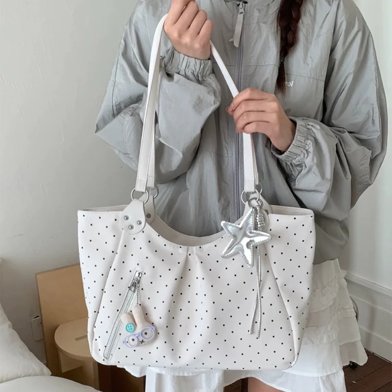 

Сумка-тоут в корейском стиле в горошек, вместительная повседневная сумка через плечо с декором в виде звезды, магнитной застежкой, универсальная сумка для поездок на работу