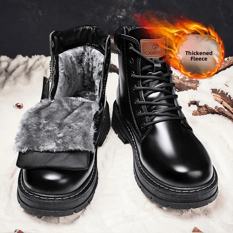 

Men's Winter Thickened Fleece Lined Boots Waterproof Anti-slip Cotton Shoes Sport Workwear Snow Boots High Top Black L...