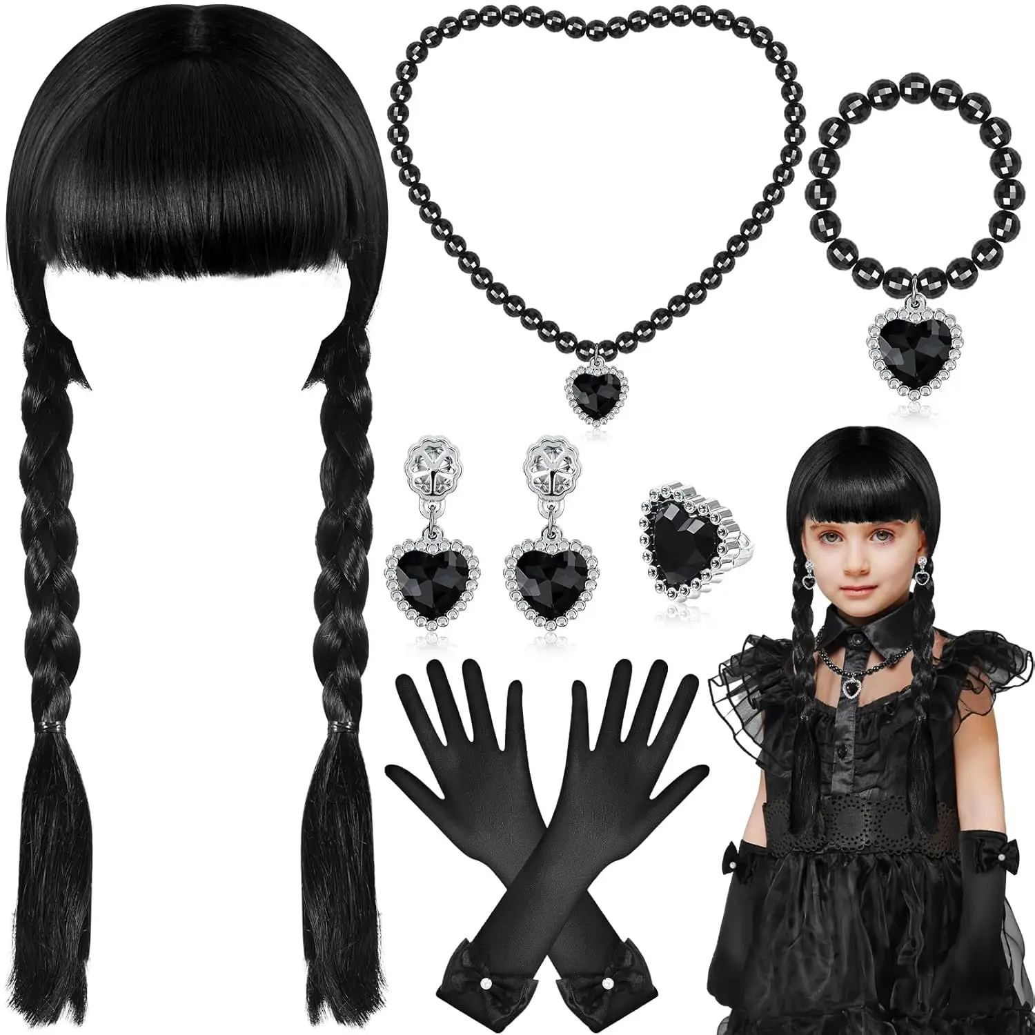 

8pcs Black Wig Girls Dress Up Set, Halloween Costume kit for Kids Girls, Black Outfit Costume Accessories supplier for Kids gift