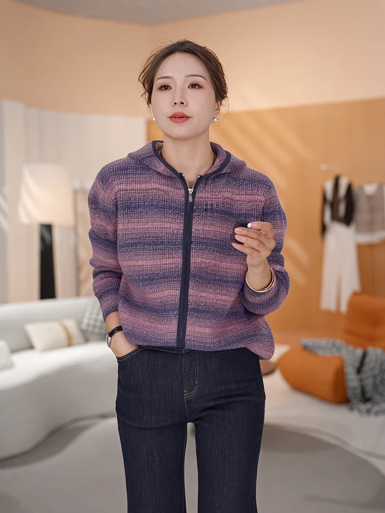 

Женское свободное демисезонное пальто Laid-ba с капюшоном, вязаное, в полоску, облегающее, повседневное, дышащее, из нейлона и полиэстера...