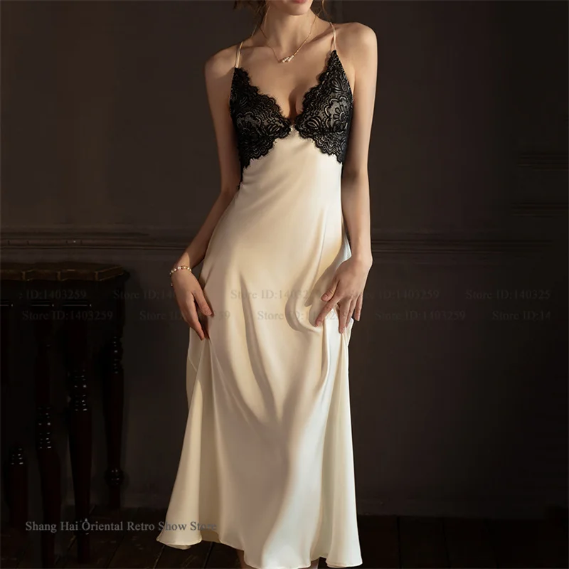 Sexy Femlae Long Robe Nightgown 2PCS Set Spring Summer New Silk Satin Sleepwear Nightdress Lingerie Patchwork Lace Homewear - Image 5