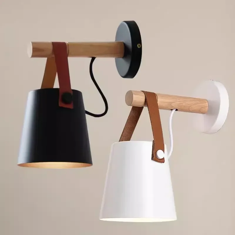 LED Bedside Wall Lamp Nordic Wood Leather Belt Hanging Sconces for Bedroom Study Living Room Modern Home Indoor Decorative Light