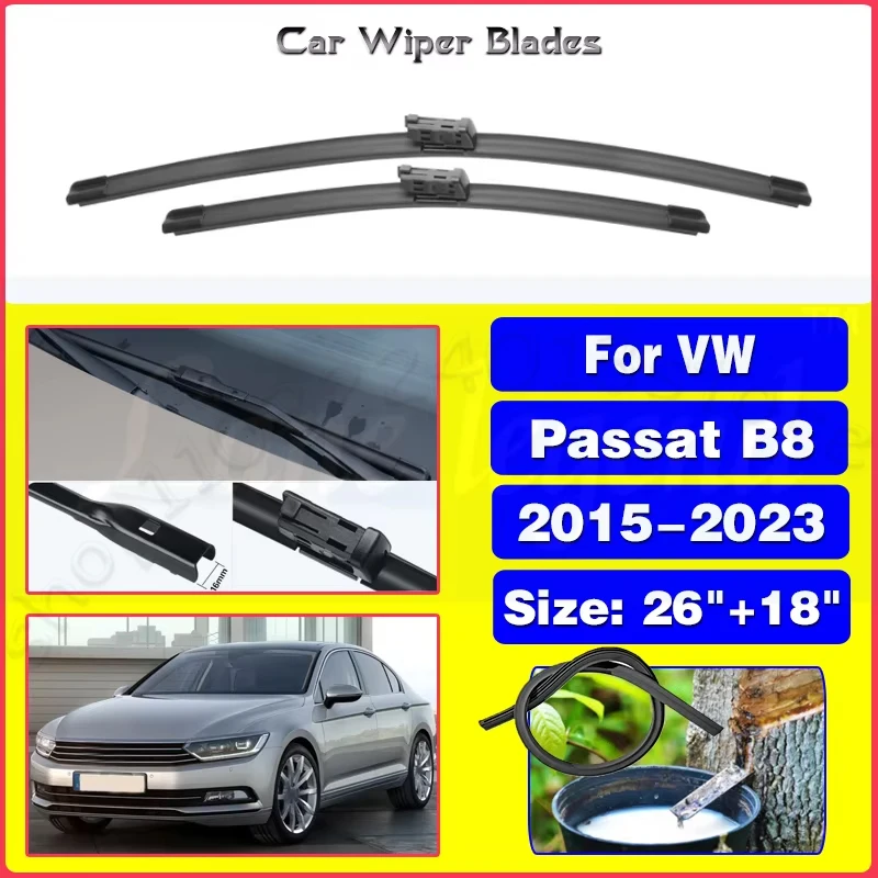 

For VW Passat B8 2015-2023 Front Wiper Blades Soft Rubber Windscreen Wipers Auto Windshield 2019 2020 2021 2022 26"18"