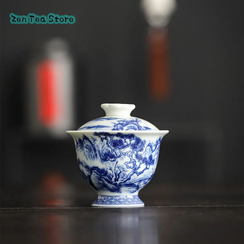 Blue And White High-grade Antique Landscape Covered Cup Tea Set Jingdezhen Ercai Cover Cup Home Tea Bowl