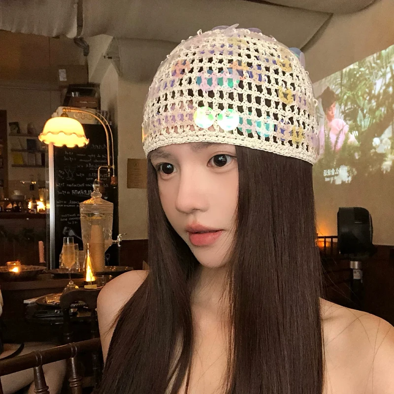 Fashion Colorful Sequins Hollow Out Knitted Beanies for Women Summer Autumn Travel Breathable Versatile Atmosphere Pullover Hat