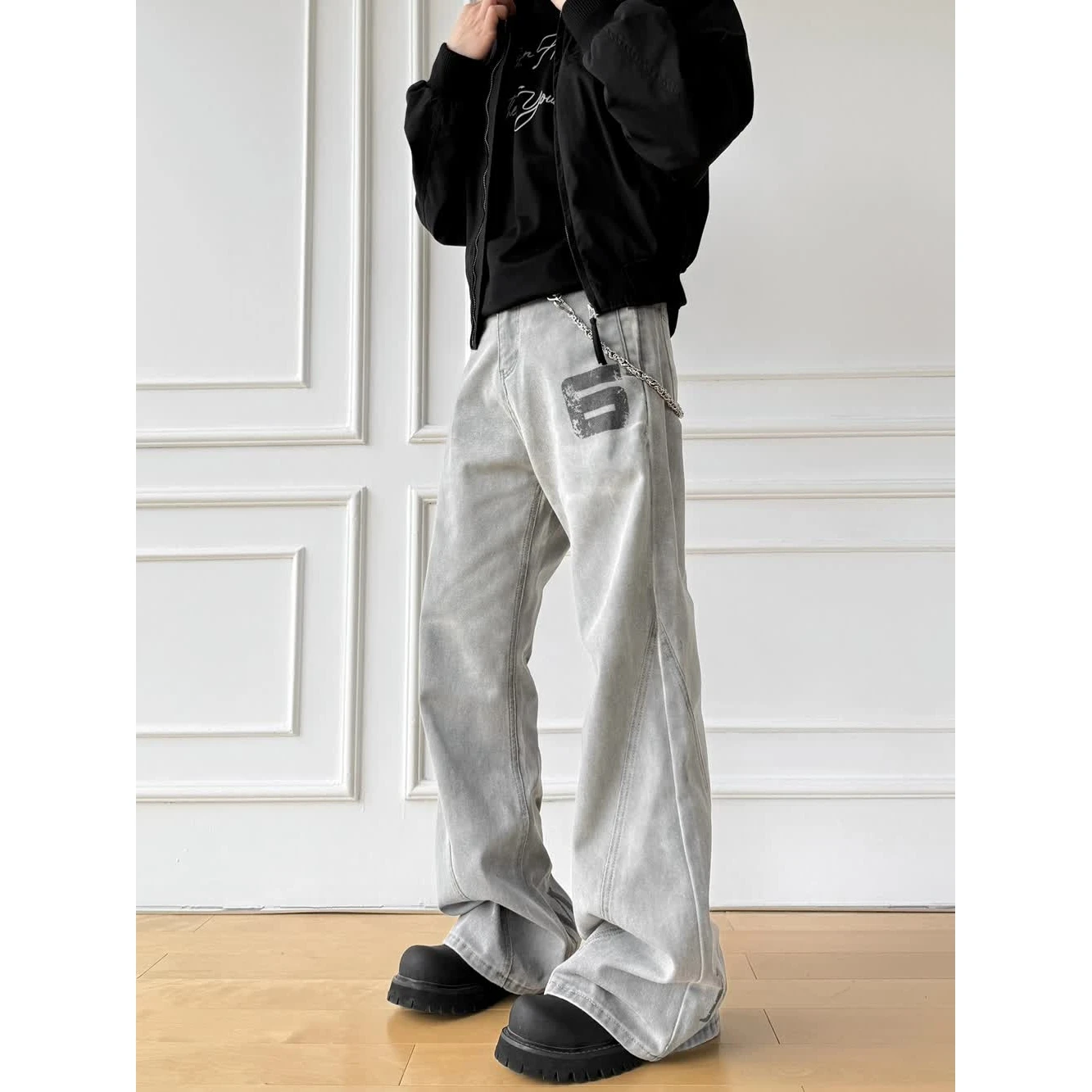 

Waed Vintage American High Street Loose Straight Leg Printed Jeans Men Women Casual Floor-Length Trousers Trendy