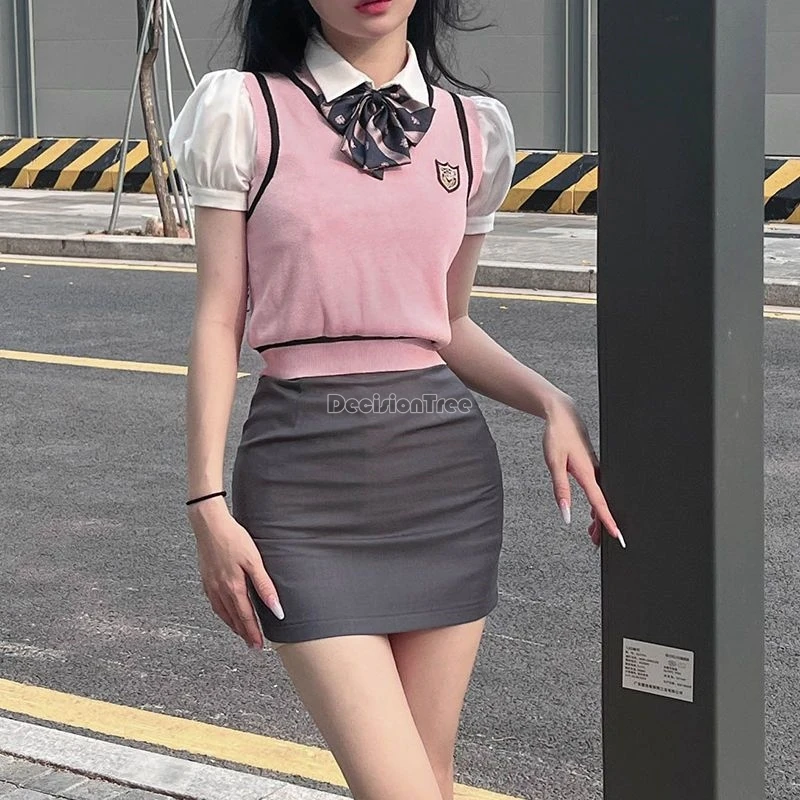 2024 korean style jk uniform set sailor collar top sweet knitting vest tight fitting skirt sexy girl casual daily schoo uniform