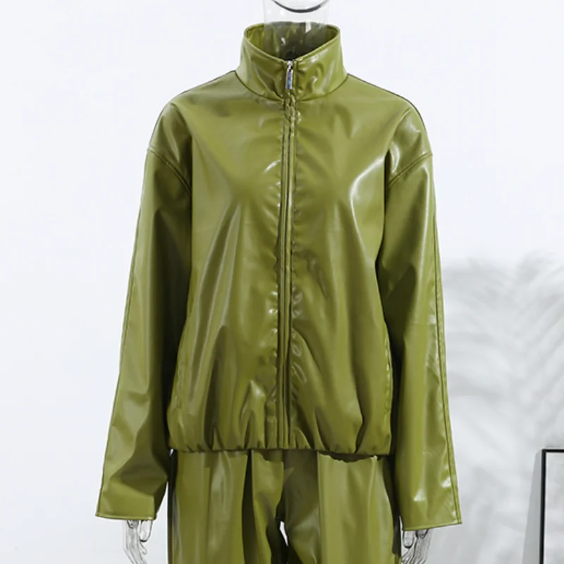 2025 New Lady Solid Streetwear Fashion Green PU Leather Jacket Women Laple Zipper Loose Full Sleeve Single Breasted Cropped Coat