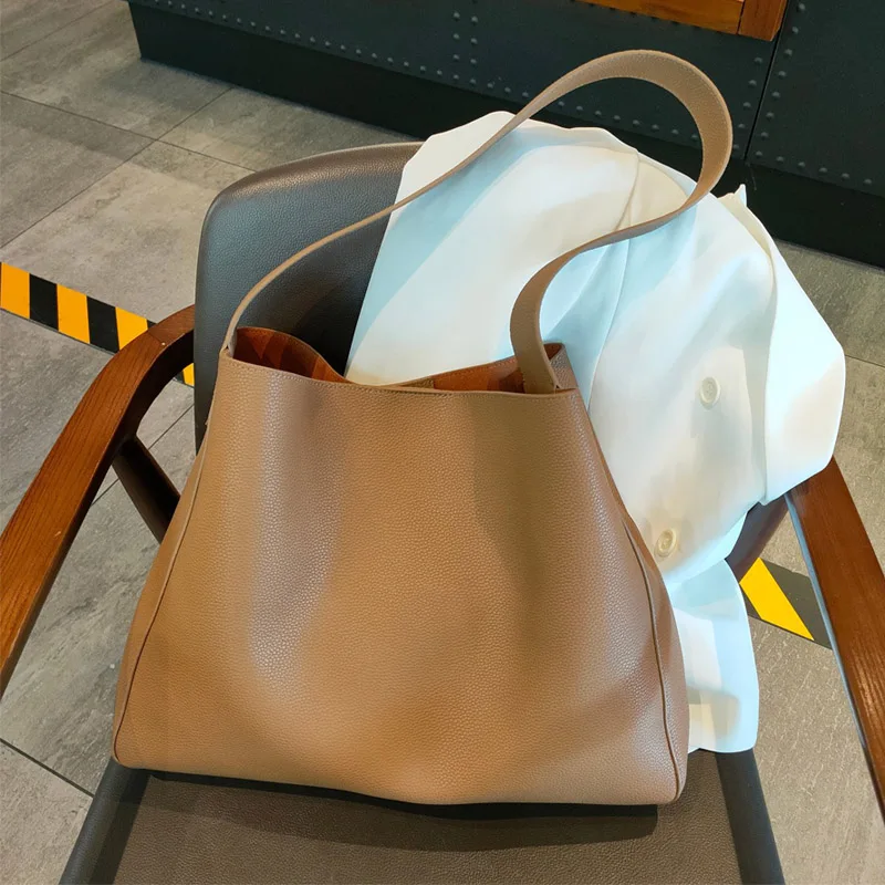 Simply Female Split Leather Shoulder Bags Solid Color Lady Tote Bag Large Capacity Women Commute Handbags Removable Inner Purse