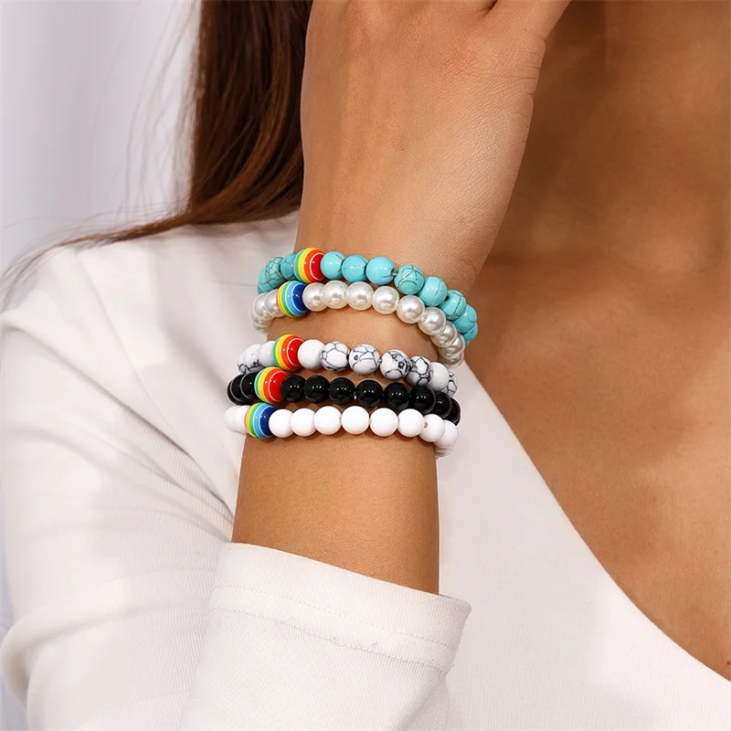 5 Stück/Set, modische, handgefertigte Armbänder mit türkisfarbenen Perlen für Damen und Mädchen, ideal als Schmuckgeschenk für Partys und Festivals. – Detail 1