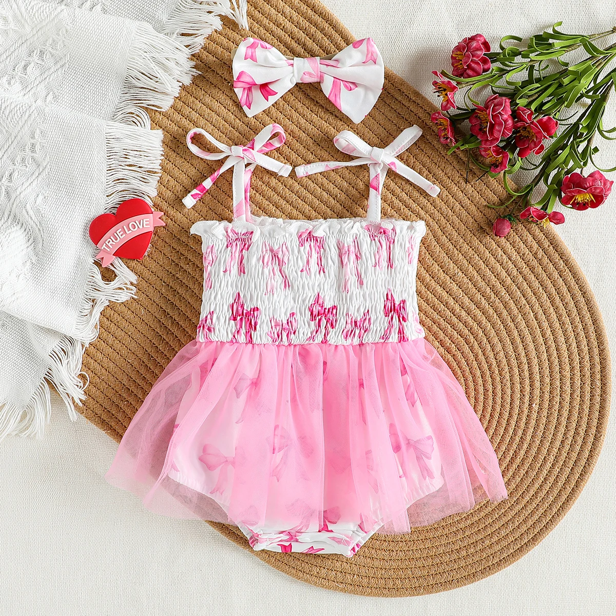 2Pcs Newborn Baby Girls Rompers Bow/Print Sleeveless Tulle Skirt Hem Jumpsuits Fashion Bodysuits with Headband Clothes