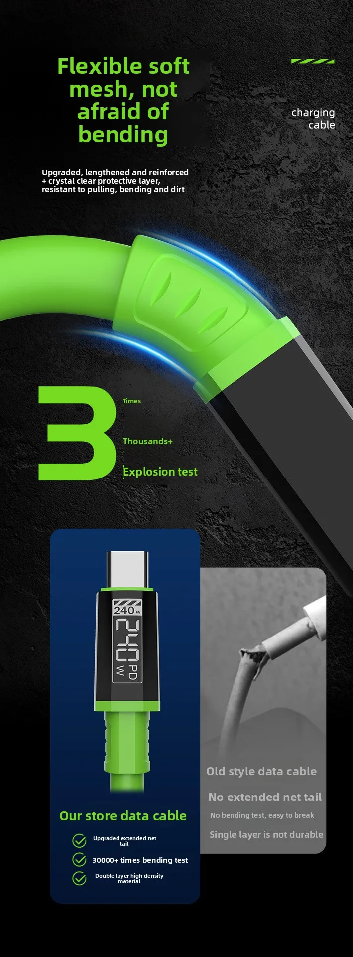 3 in 1 240W Fast Charging Cable Suitable For Micro USB Type C Charging Cable Multiple USB Ports Suitable For iPhone Huawei