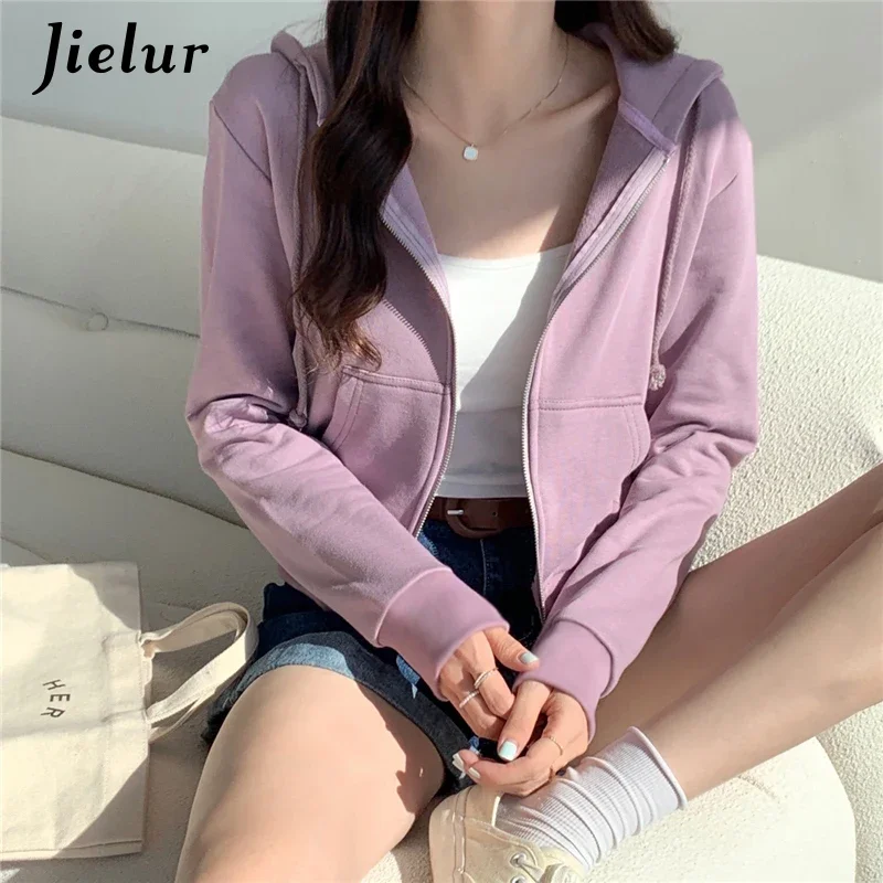 Jielur kurze Reiß verschluss Kapuze Sweatshirts Frauen All-Match lose süße reine Farbe Hoodies Mantel Kordel zug Tasche grau Sweatshirt M-XL